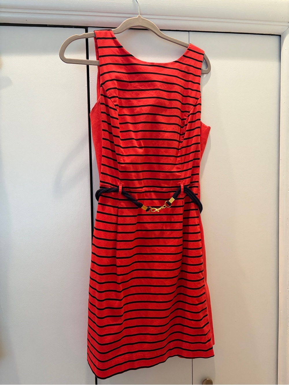 Tommy Hilfiger Red and Black Striped Sleeveless Sheath Dress with Navy Rope Belt